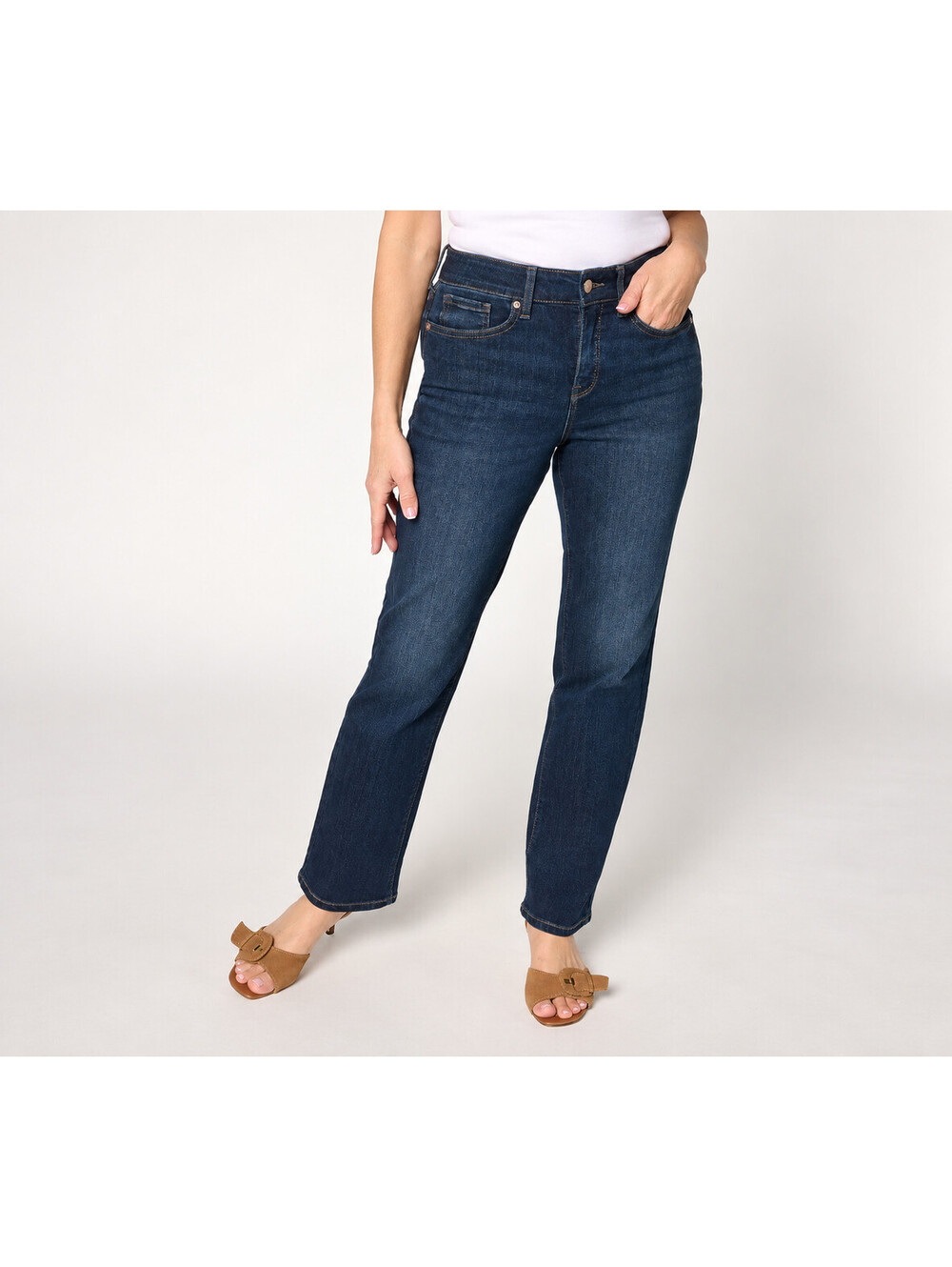 As Is" NYDJ Sure Stretch Ellison Straight-Leg Denim Jeans Blacken Blue, Petite 6